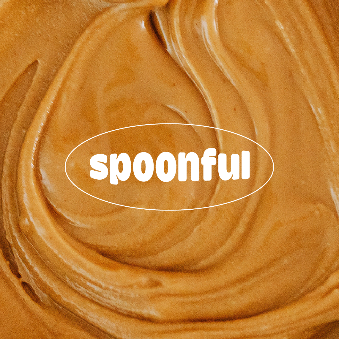 Spoonful logo over a photo of creamy peanutbutter